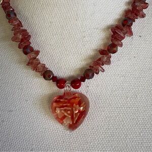 Chic Heart Pendant Necklace with Red Beads and bracelet